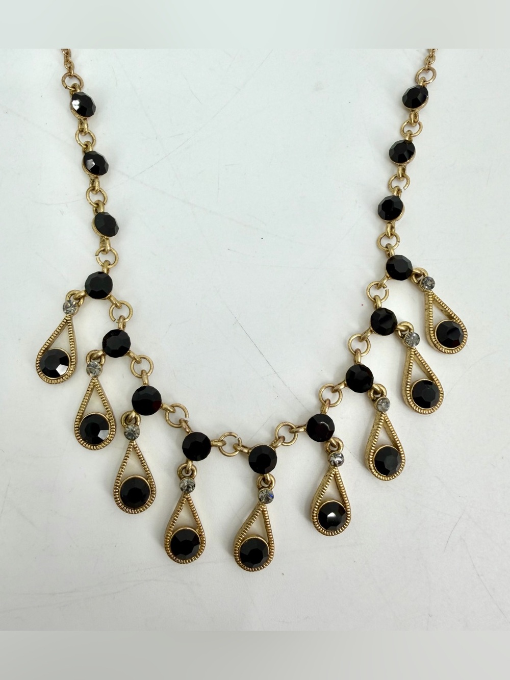 Necklace & Earrings Set Gold Tone Black & Clear Stones Dangling Teardrop Charms